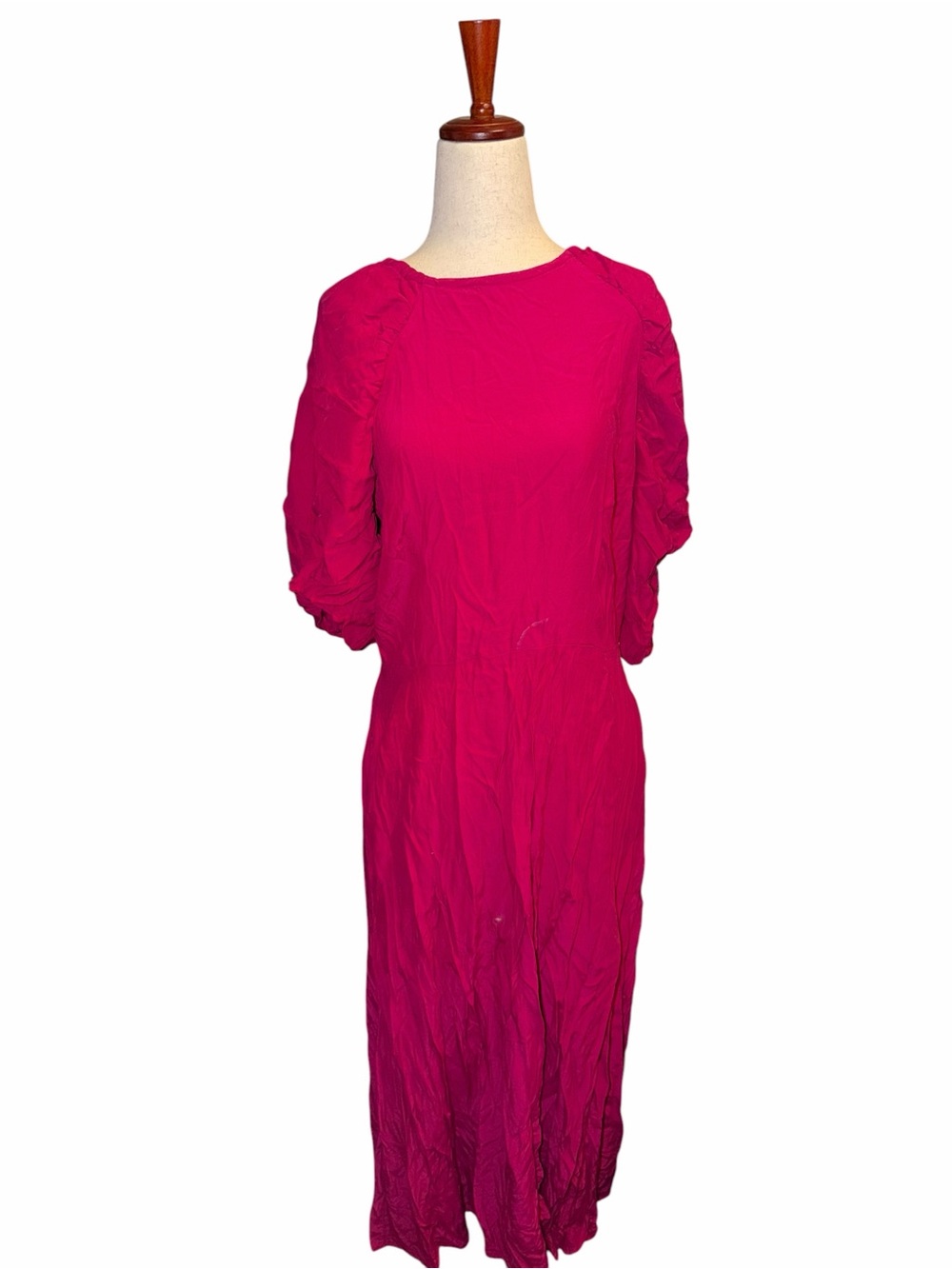 Women's Fuchsia Midi Dress with Puff Sleeves